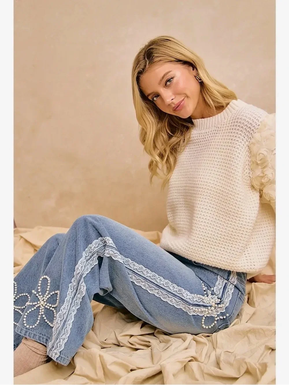 Denim pearl floral lace trim boho wide leg barrel western contrast bohemian jean